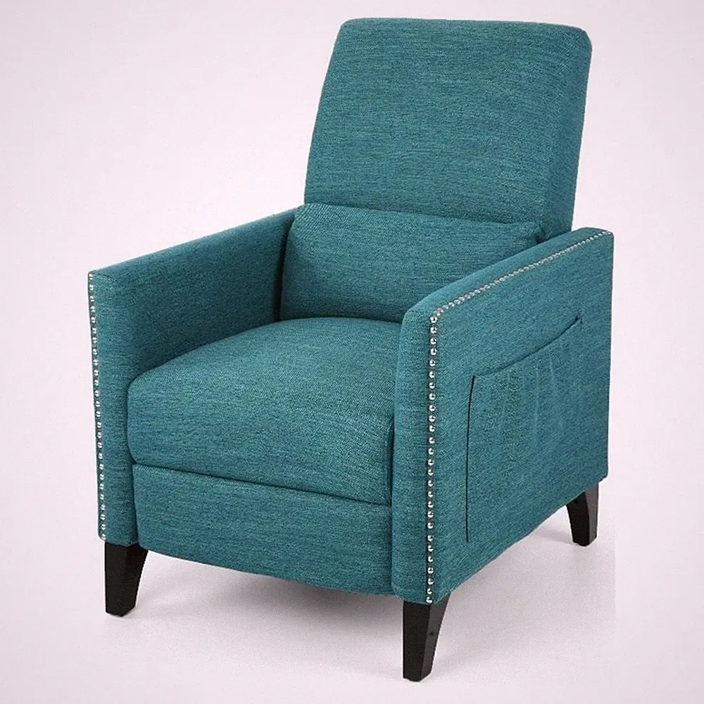 Davy Pushback Recliner Chair- Nailhead Trim- Birch Wood- Teal Fabric